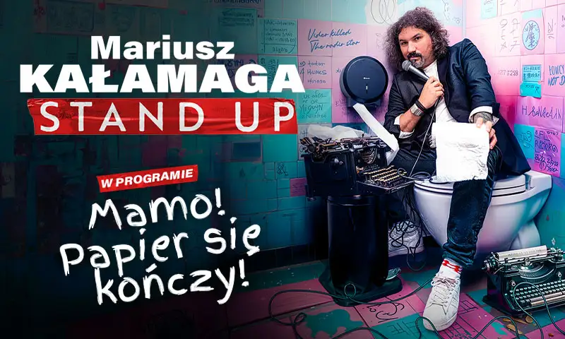 Mariusz Kałamaga na scenie z programem „Mamo! Papier się kończy!”